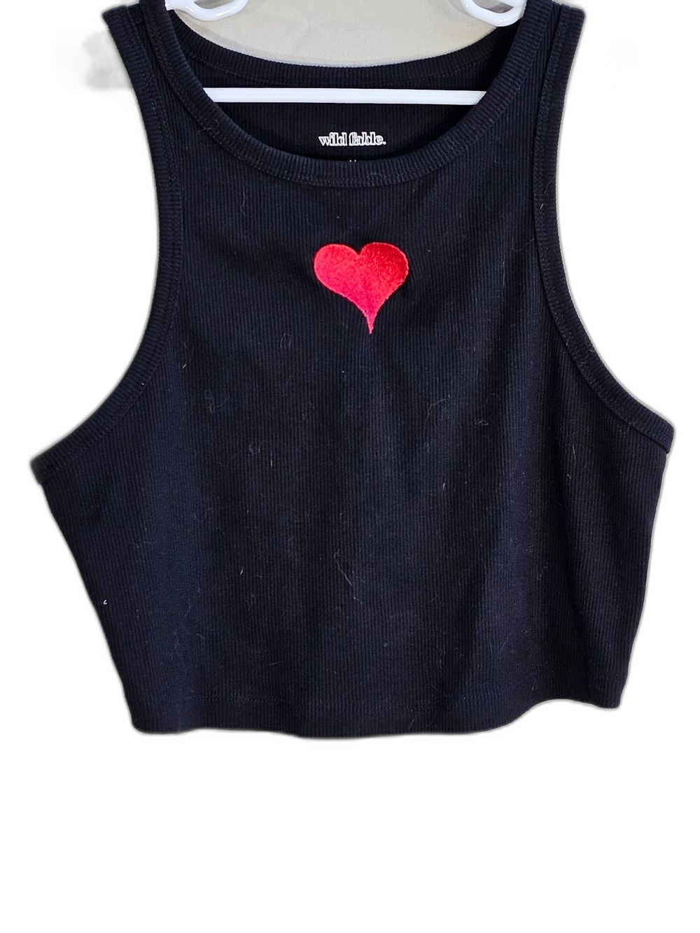 Wild Fable Black Ribbed Cropped Tank with Red Embroidered Heart